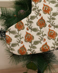 Hand-Stamped Madhubala on Thick White Cotton Sage Green Floral Christmas Stockings with Pom Pom Detailing Perfect for Kids’ Playroom Holiday Décor