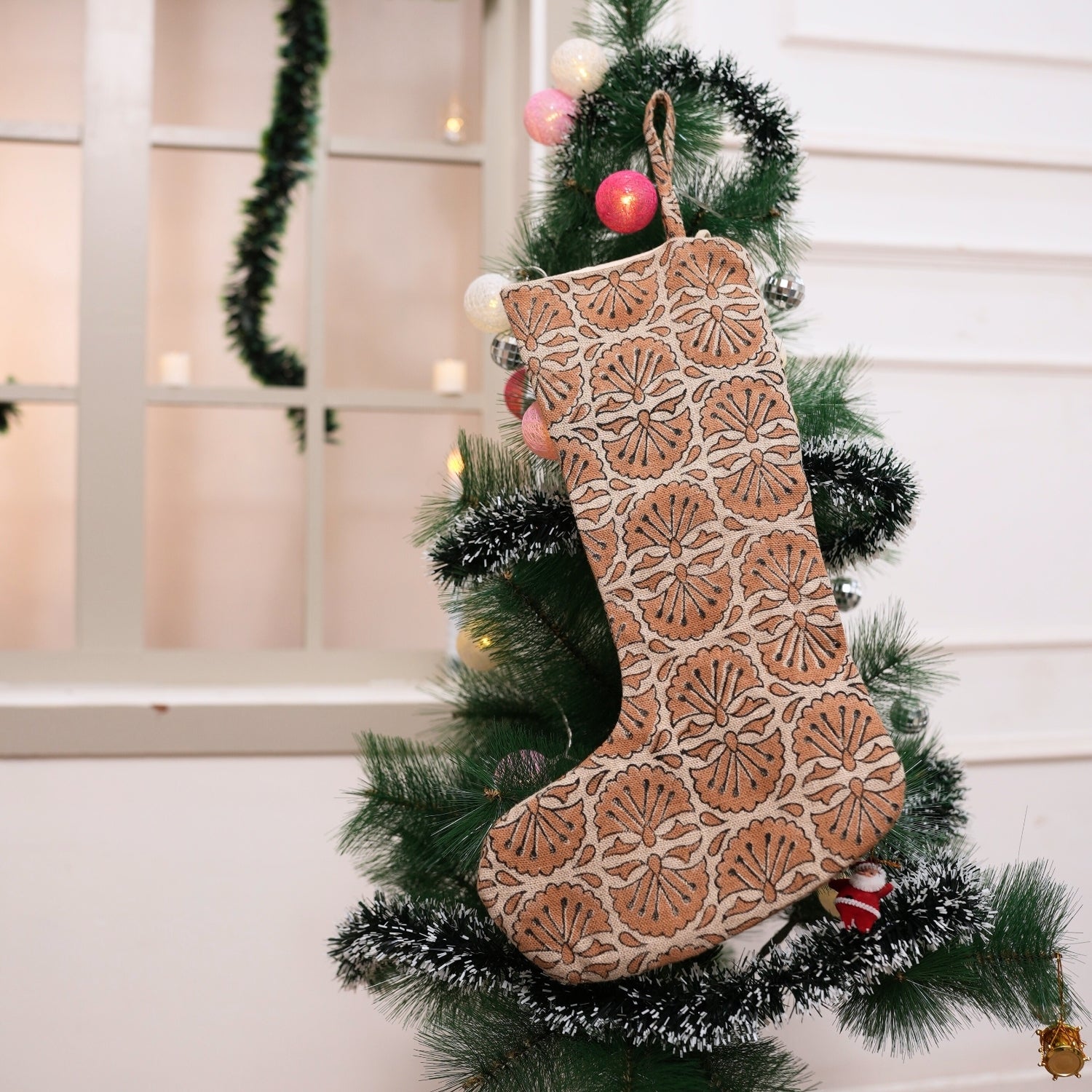 Handcrafted Bhijhni Beige & Brown Floral Thick Linen Block Printed Christmas Stockings with Pom Pom for Festive Holiday Decor