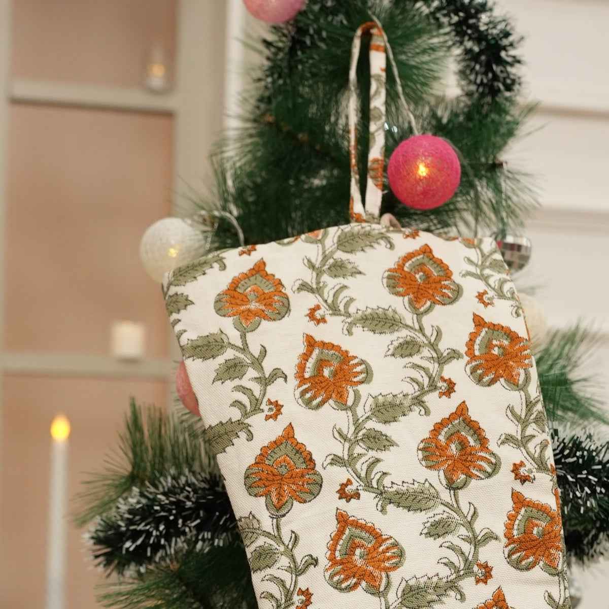 Hand-Stamped Madhubala on Thick White Cotton Sage Green Floral Christmas Stockings with Pom Pom Detailing Perfect for Kids’ Playroom Holiday Décor