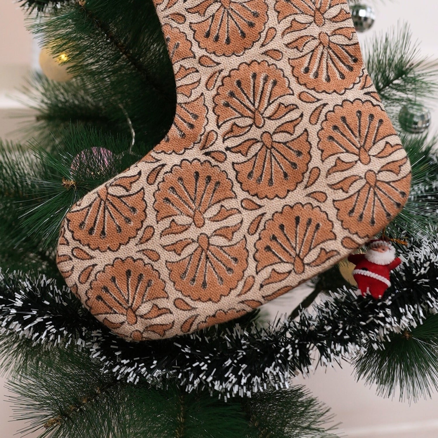 Handcrafted Bhijhni Beige & Brown Floral Thick Linen Block Printed Christmas Stockings with Pom Pom for Festive Holiday Decor