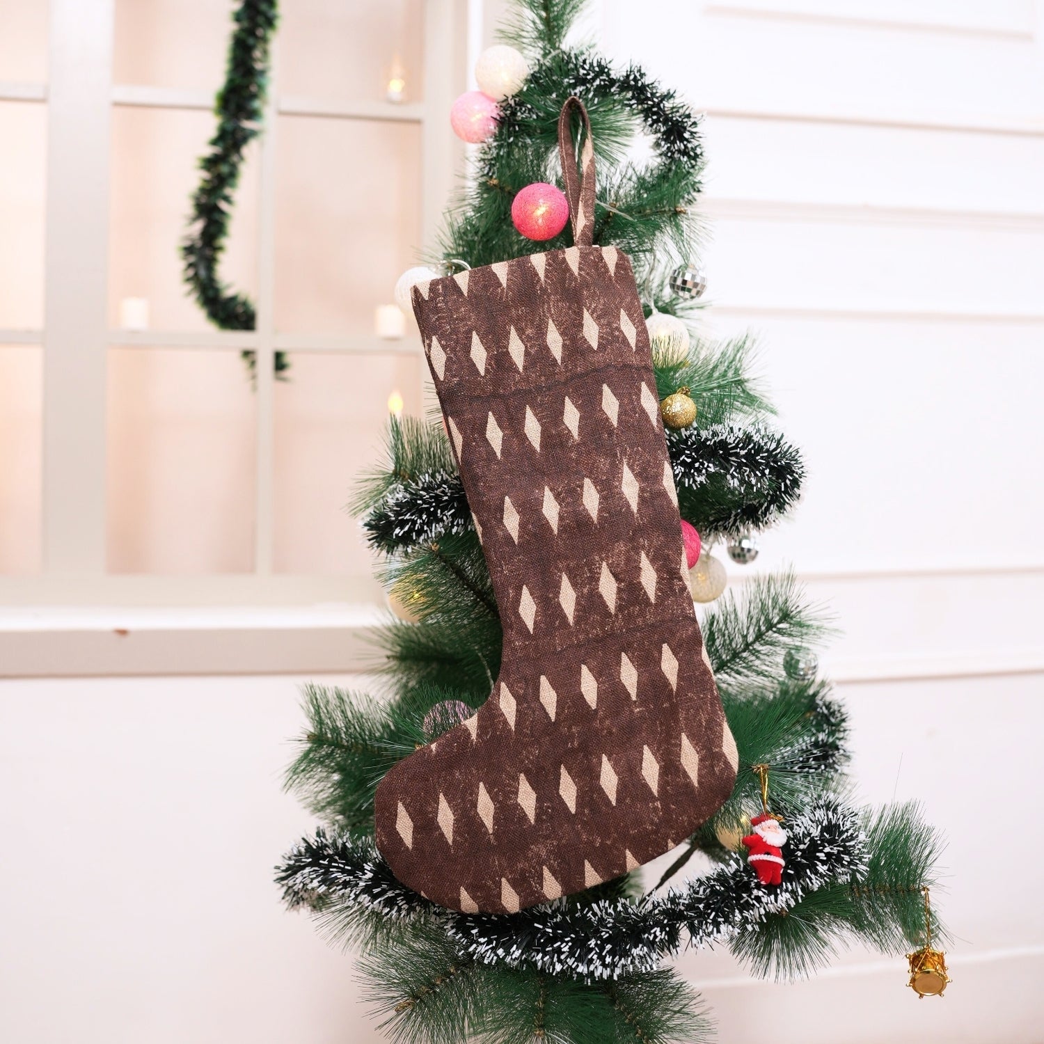 Hand Block Printed Chocolate Brown Omji Gift Stocking on Thick Linen with Pom Pom Elegant Holiday & Christmas Décor