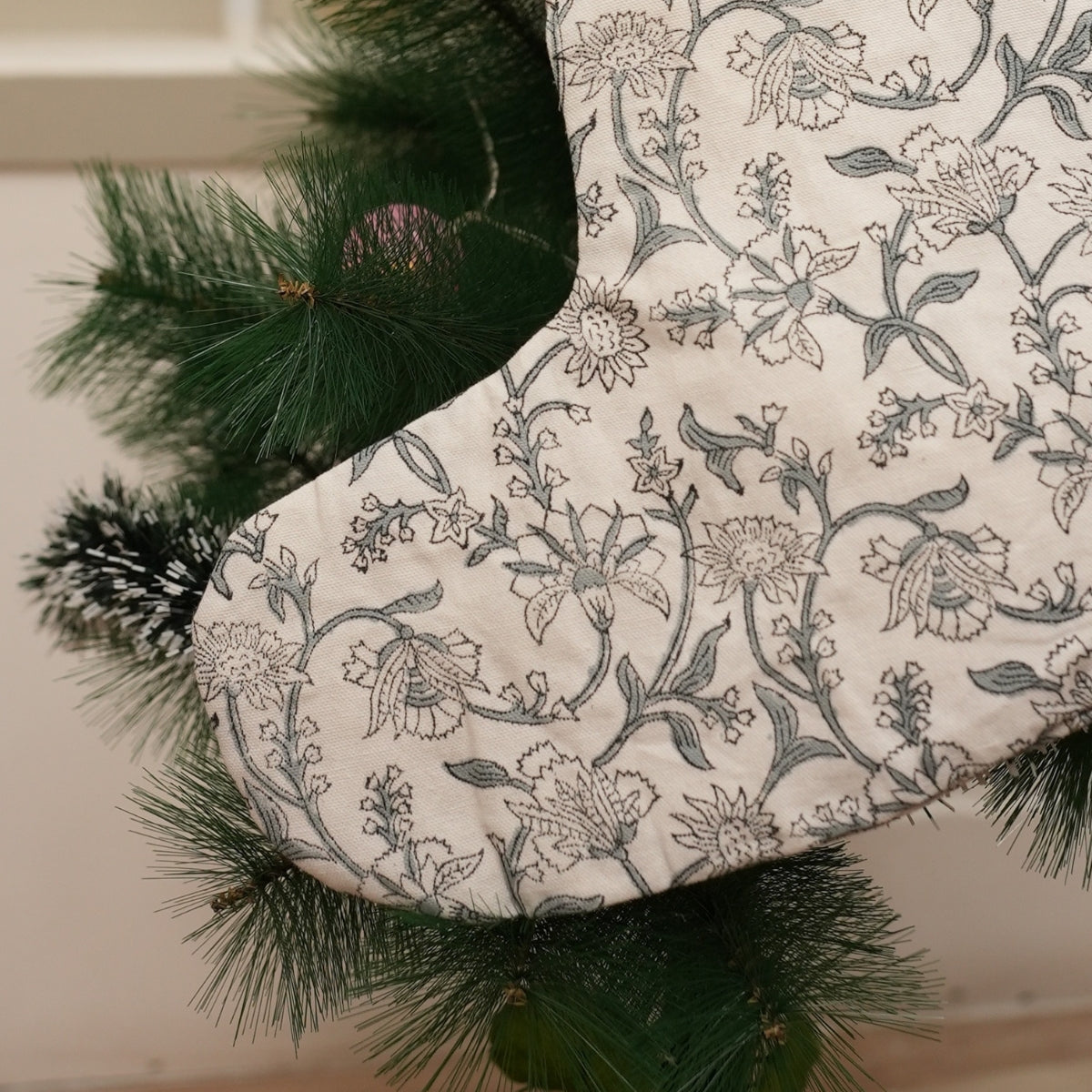 Handcrafted Block Printed Thick Cotton White Christmas Stockings Nayab Gray Floral with Pompom Holiday Decor