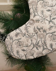 Handcrafted Block Printed Thick Cotton White Christmas Stockings Nayab Gray Floral with Pompom Holiday Decor