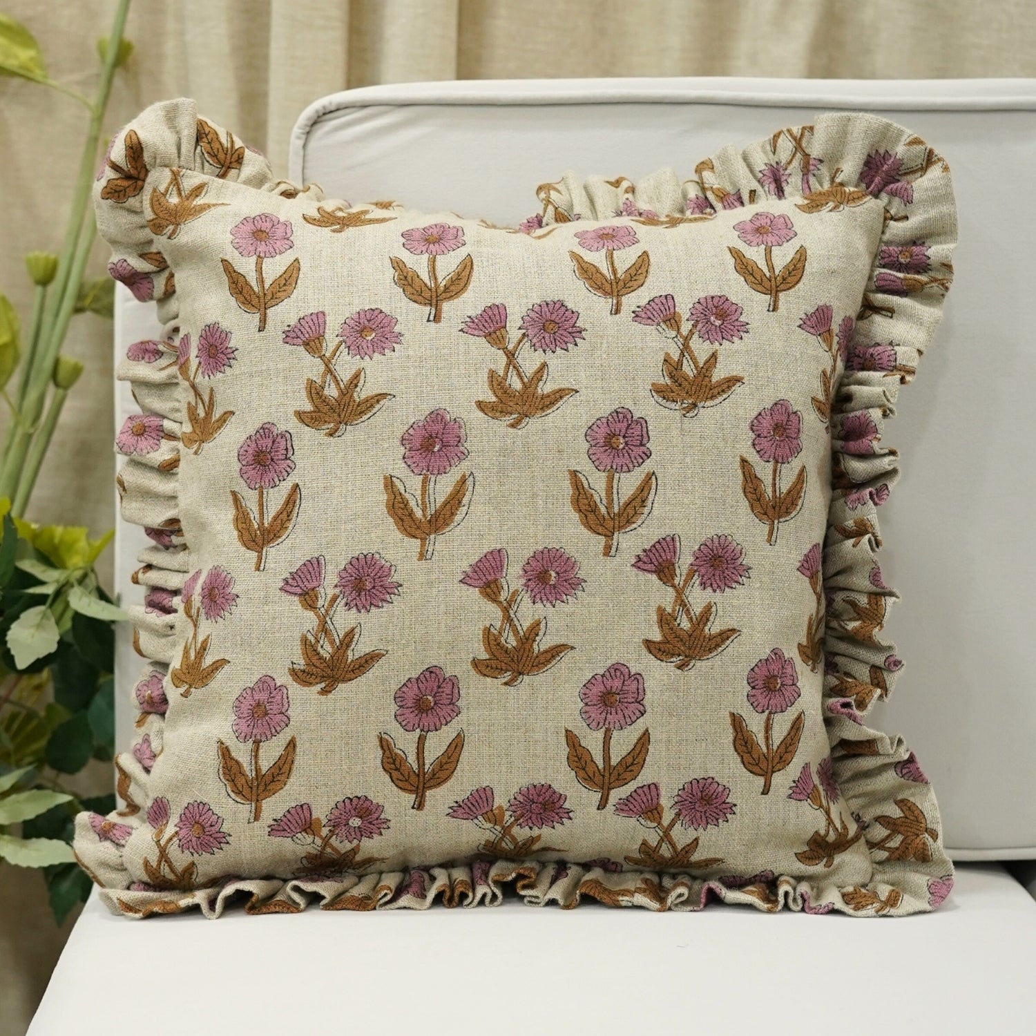 Handcrafted Pink amp; Mustard Floral Block Printed Thick Linen Designer Frill Pillow Cover for Sofa amp; Bed – Kirti