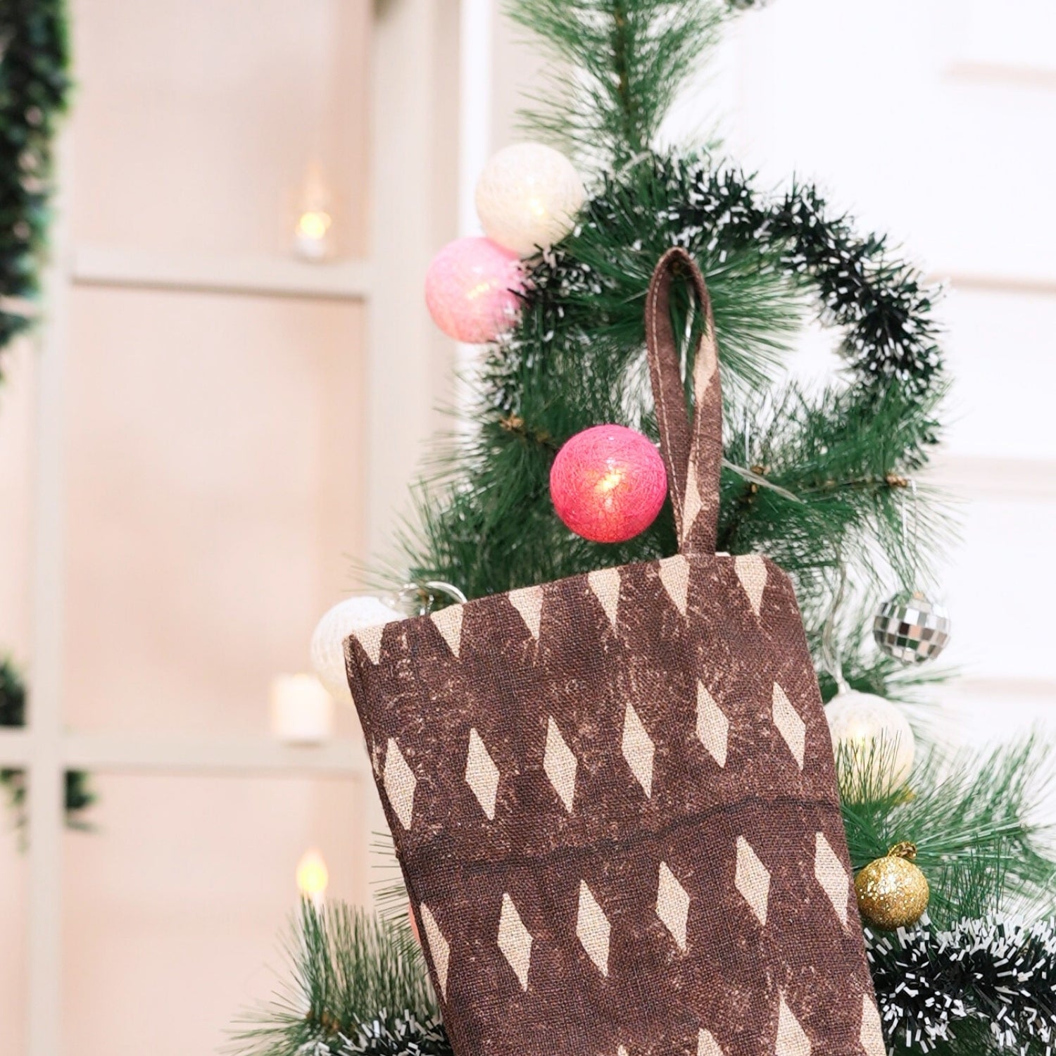 Hand Block Printed Chocolate Brown Omji Gift Stocking on Thick Linen with Pom Pom Elegant Holiday & Christmas Décor