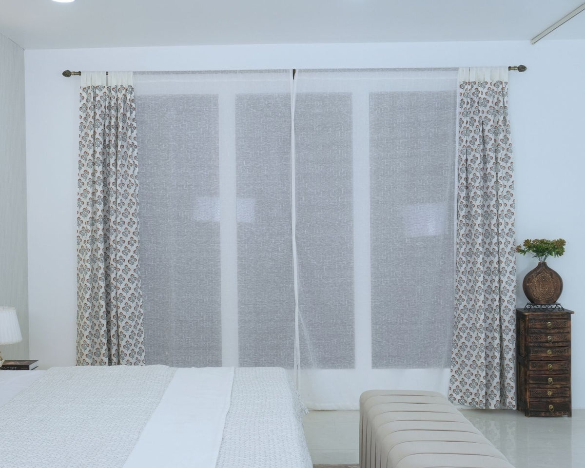Block Print Rust Floral Viscose Linen Curtain - Bael Patra