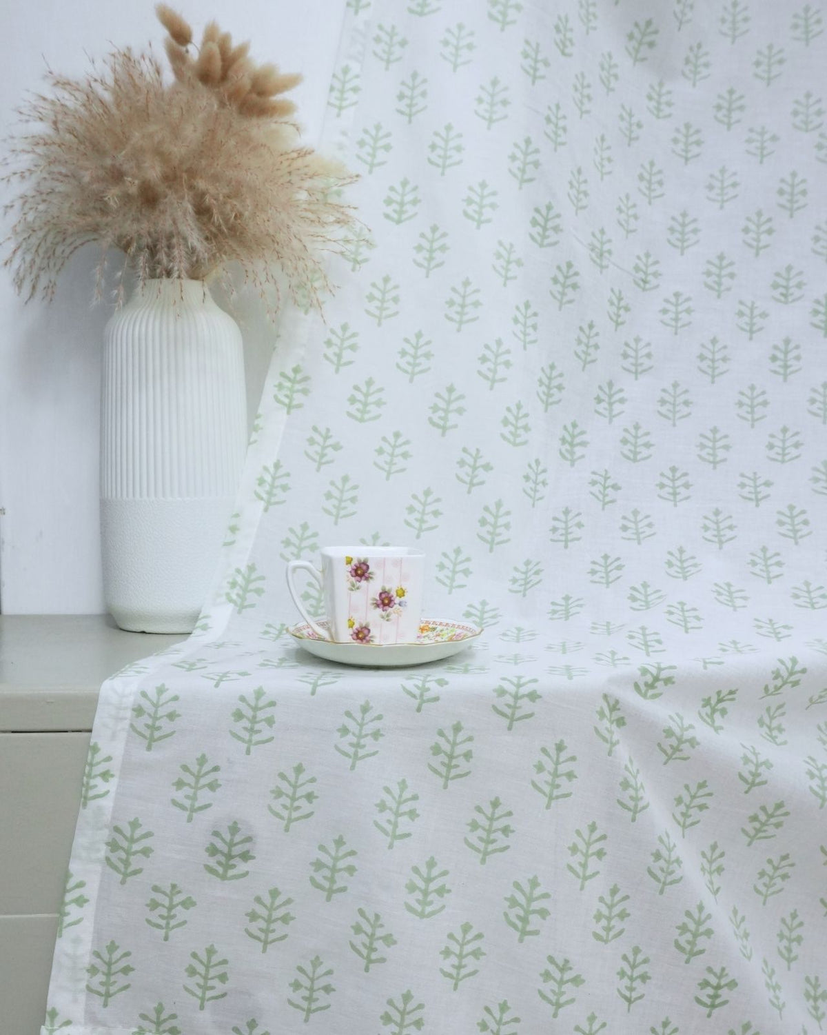 Jasmine Block Print Sage Green 100% Cotton Tab Top Curtain
