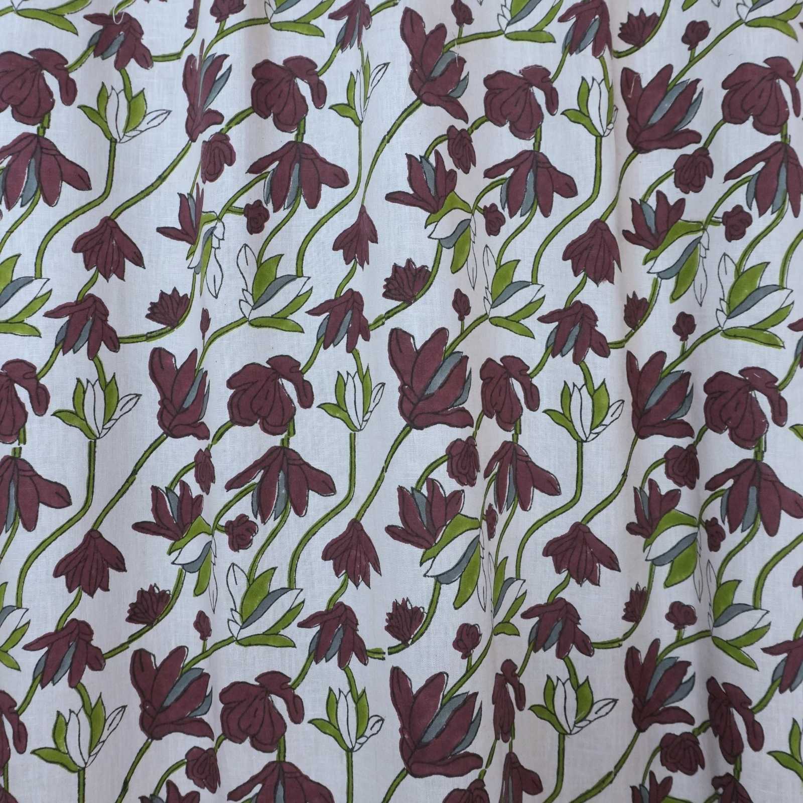 Shivri Dark Brown Floral Block Print Viscose Linen Tab Top Curtains