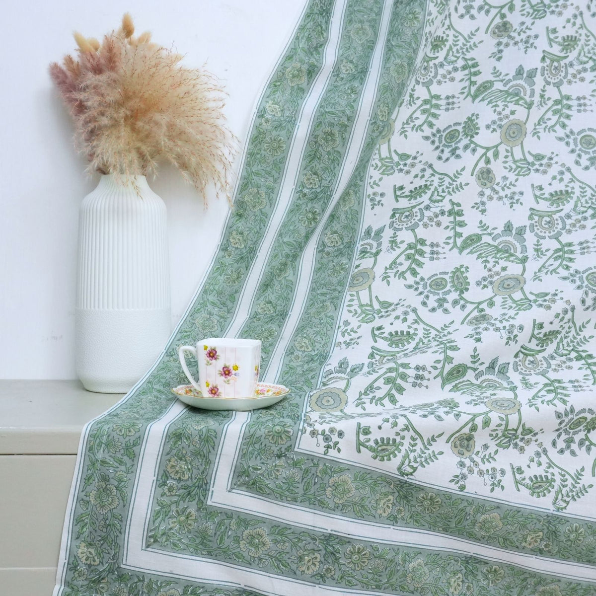Block Print Arpan Sage Green Floral Cotton Curtain