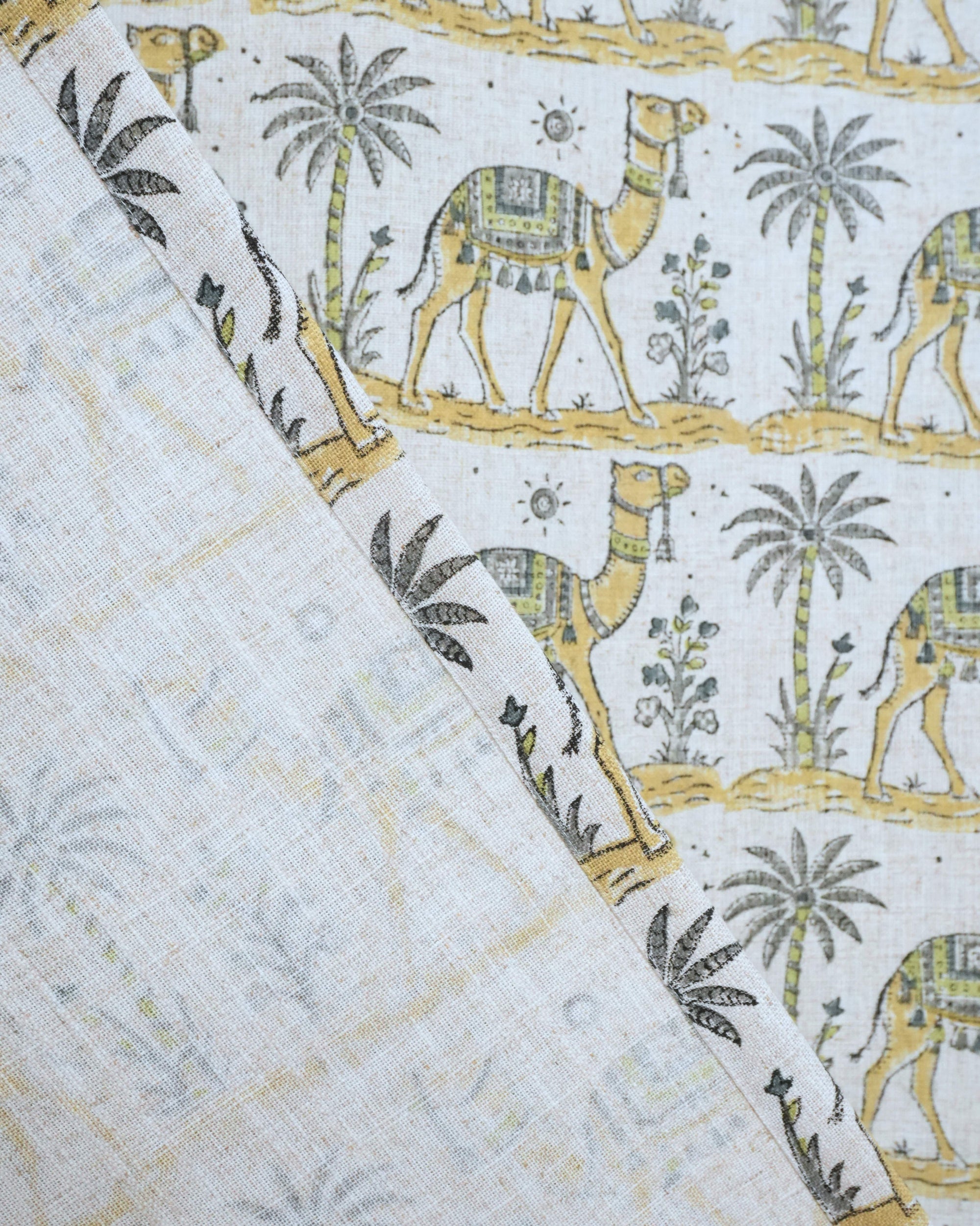 Camel Hand Block Print Tab Top Curtains — Gray &amp; Yellow Viscose Linen