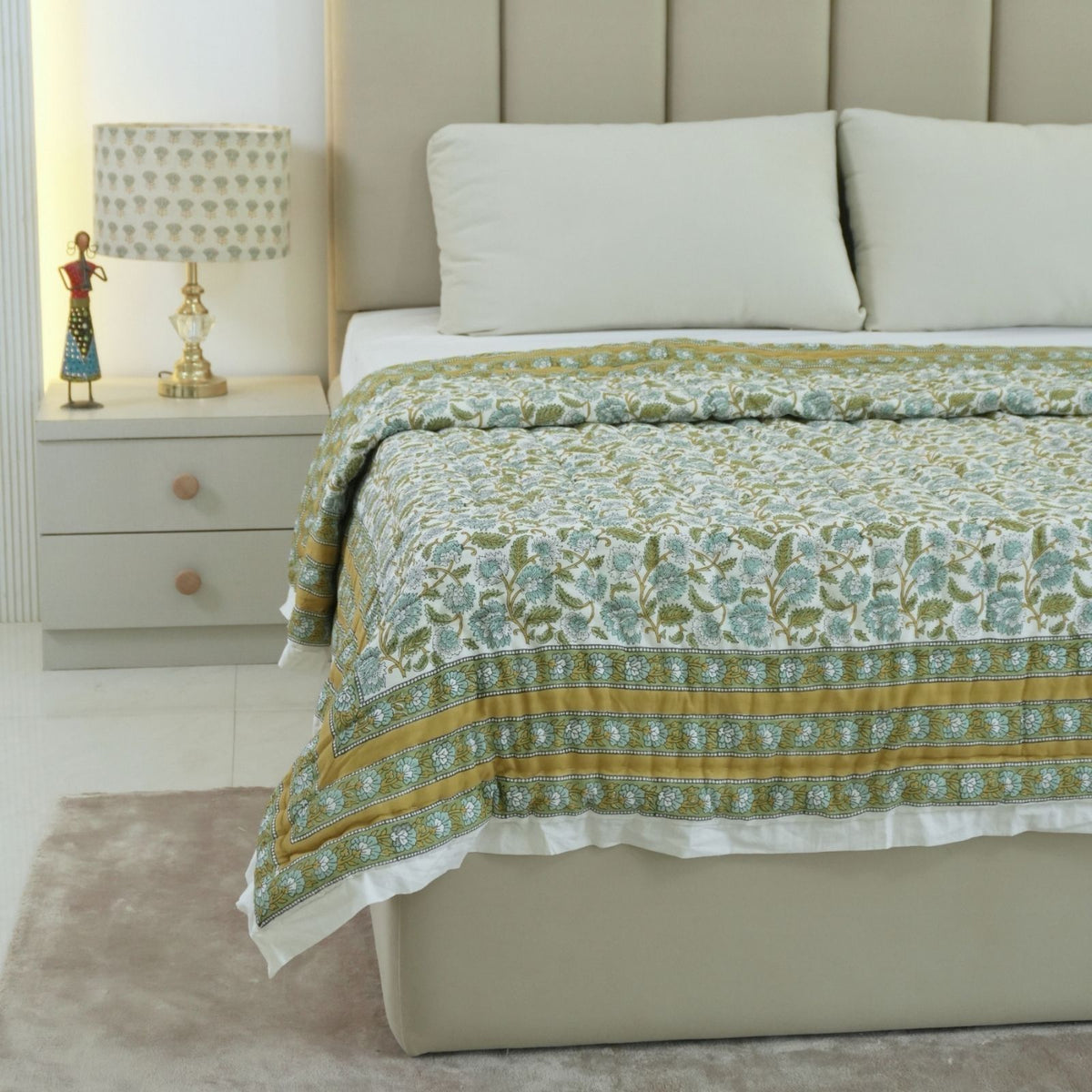 Indian Block Printing Floral Border Cotton Quilt - Mandakani