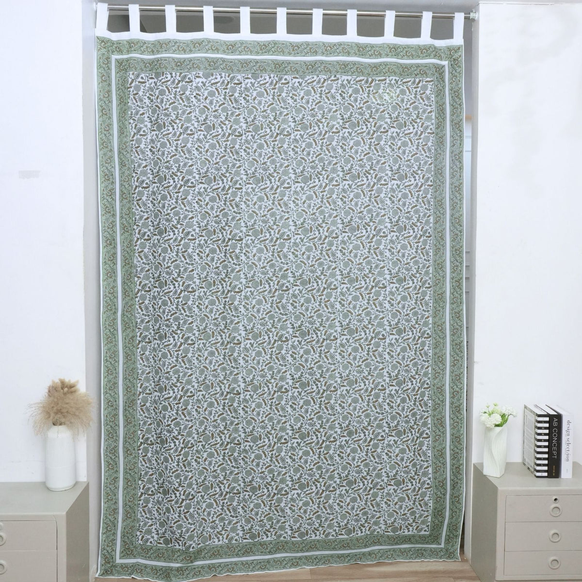 Handcrafted Sage Green 100% Cotton Gopi Tab Top Curtain 