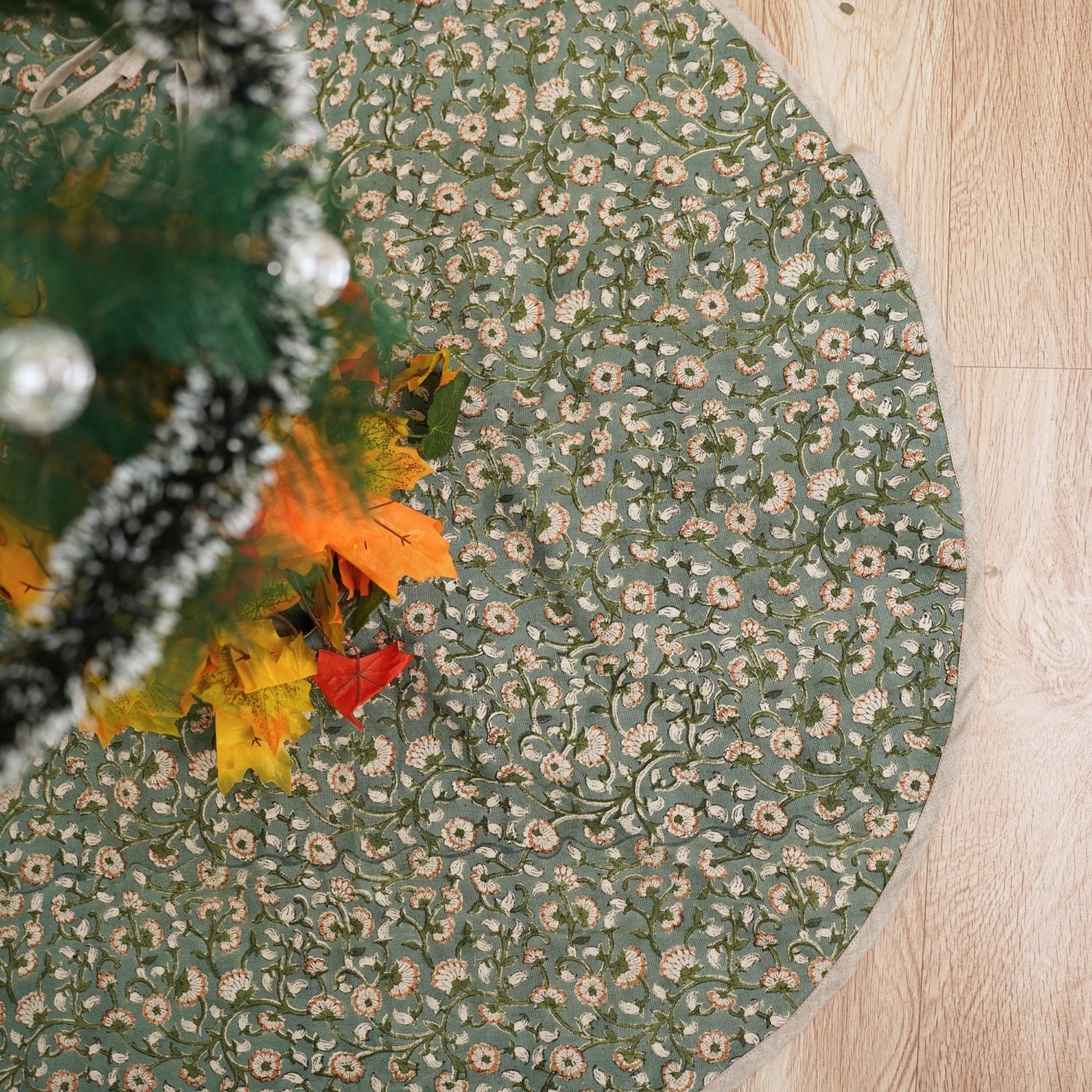 Indian Handmade Block Printed Dolphin Gray, Green & Bronze Floral Pure Linen Christmas Tree Skirt – Himachal Craft