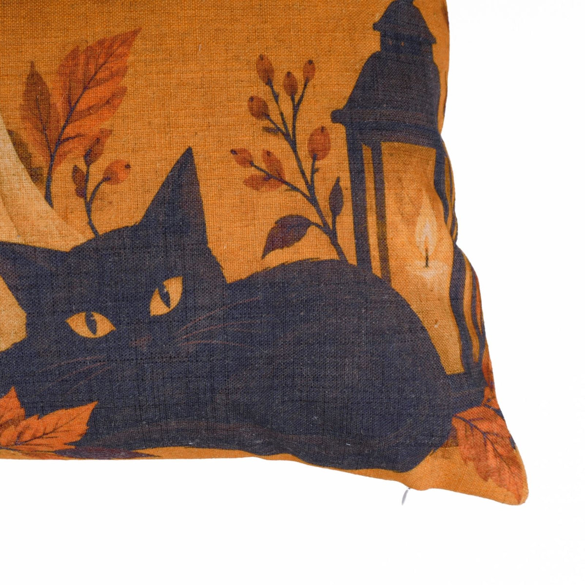 Haunted Cat Printed Orange Linen Lumbar Pillow Cover