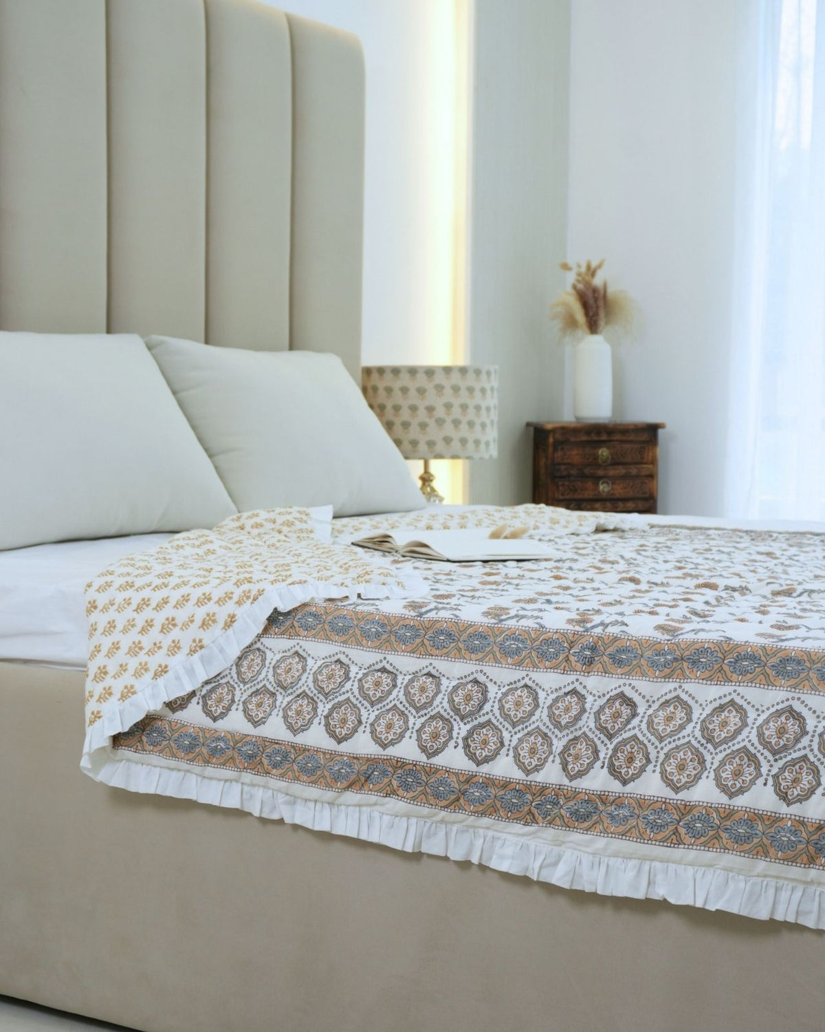 Handcrafted Block Print Gold Daffodil Cotton Reversible Quilt 