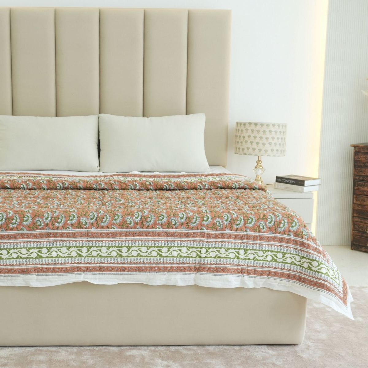 Block Print Floral Border Decorative Cotton Quilt - Rajanigandha