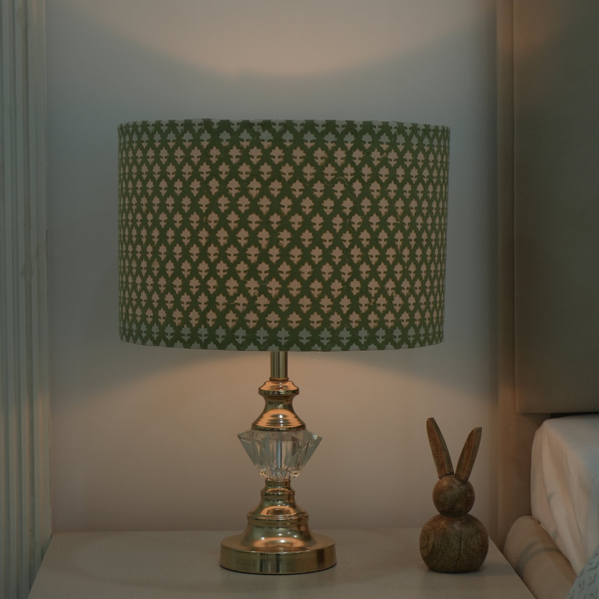 Indian Block Print Pure Linen Drum Lampshade - Pinkcity Green