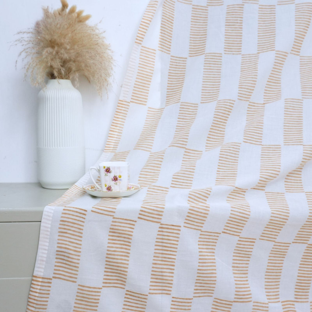 Pure Cotton Hand Block Print Tab Top Curtain - Zig Zag