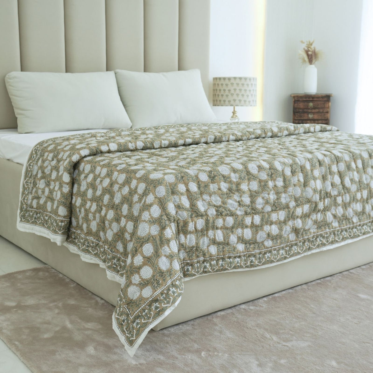 Beige Floral Block Print Cotton Reversible Quilt - Rajat Design