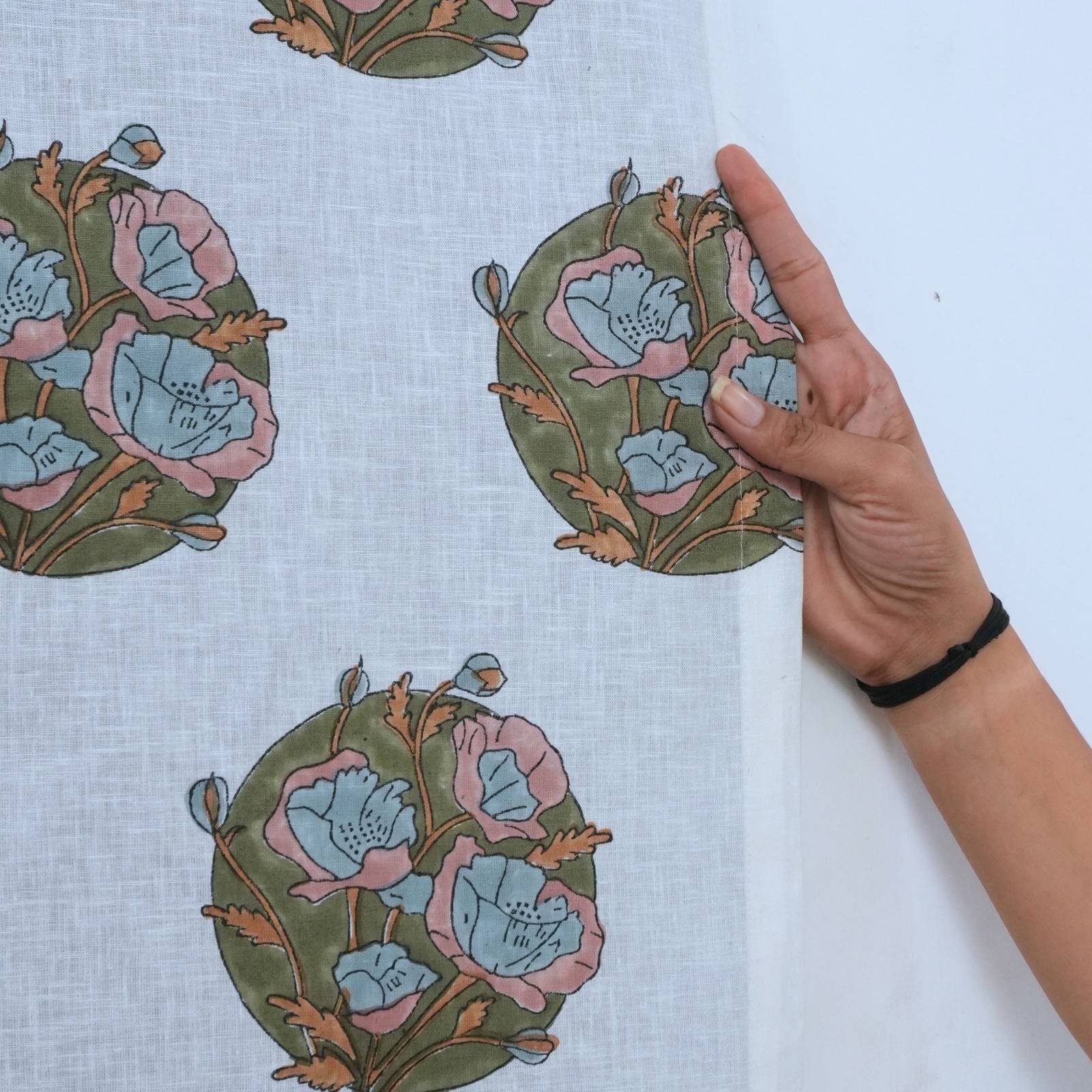 Indain Pink Floral Block Print Viscose Colored Linen Curtains - Sandhya Pushap