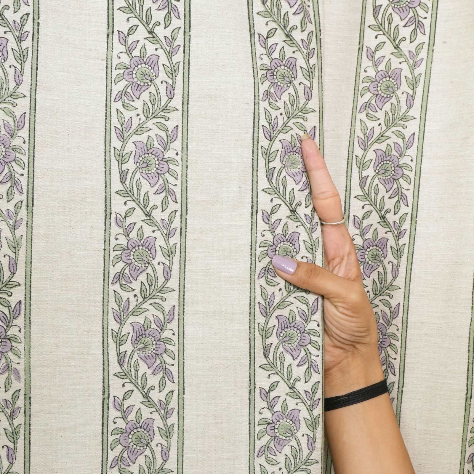 Indian Artisan Lavender Floral Linen Blend Tab Top Curtains - Kushi