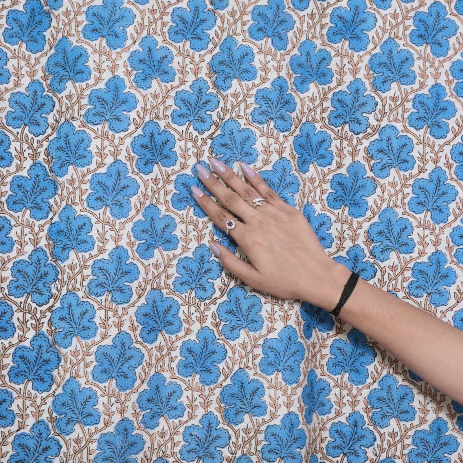 Cornflower Blue Leaf Vine Hand Block Print Linen Tab Top Drapes - Pushpsamhita