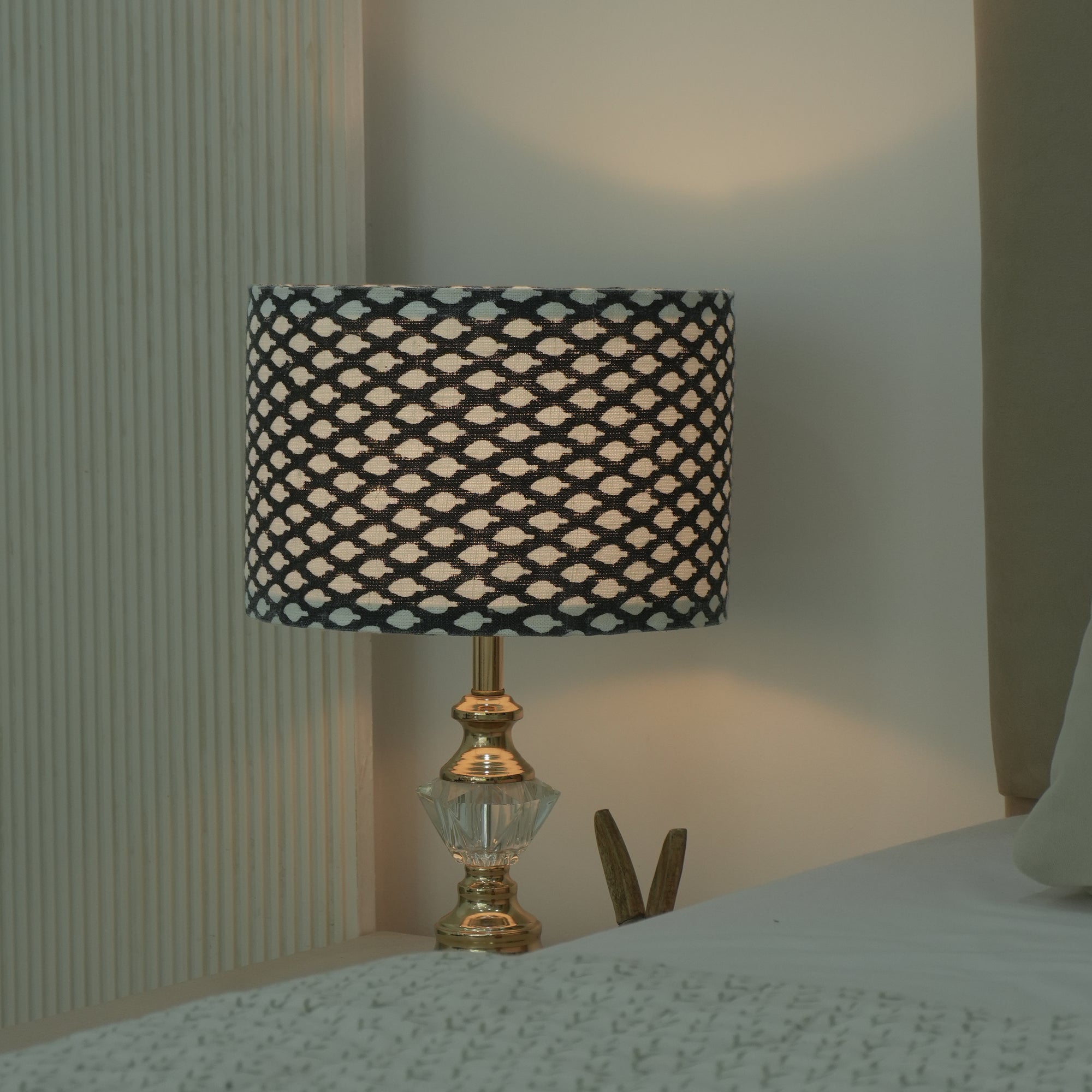 Indian Off-White Linen Black Dot Drum Lampshade - Khushbu