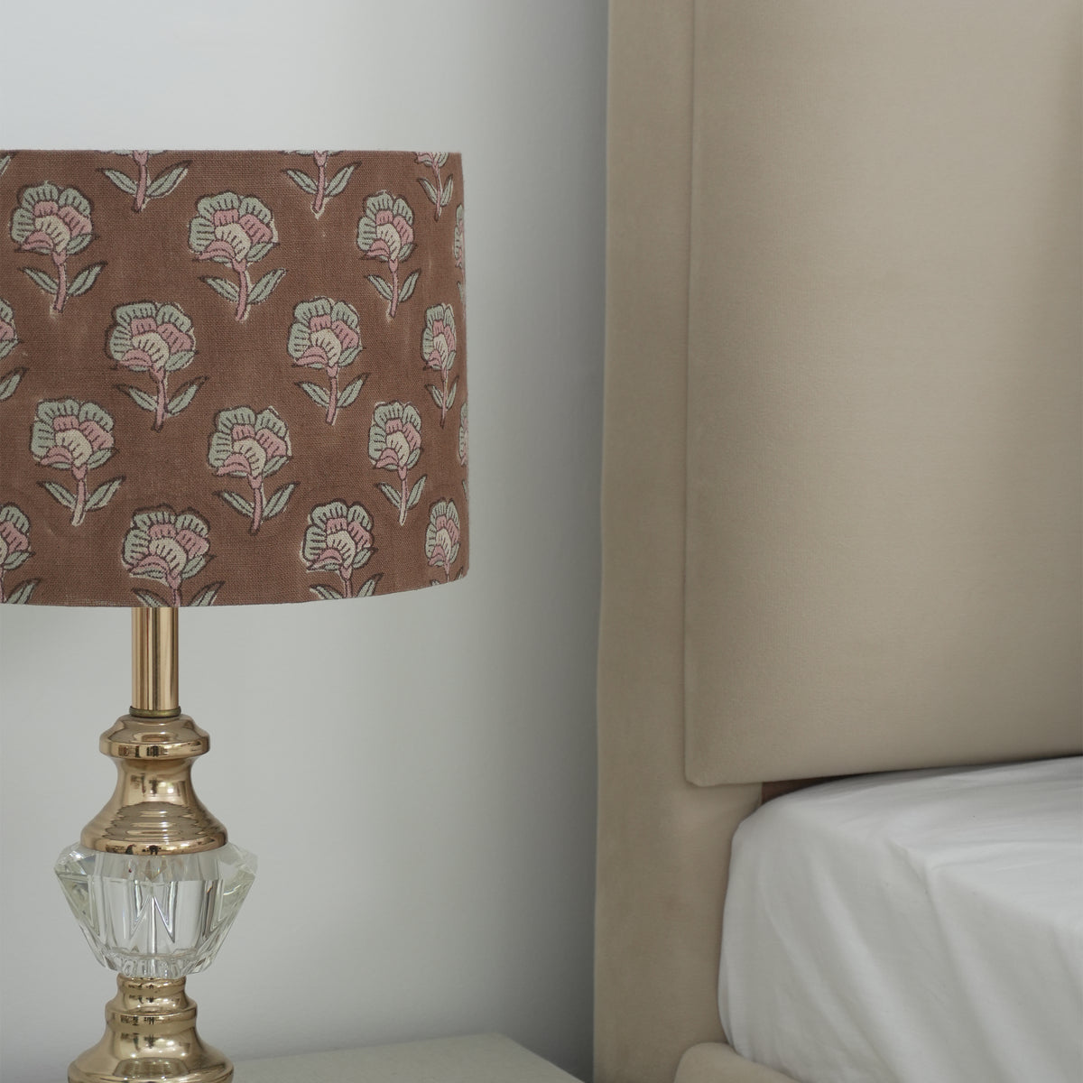 Brown Floral Wooden Block Print Linen Lampshade - Rohini