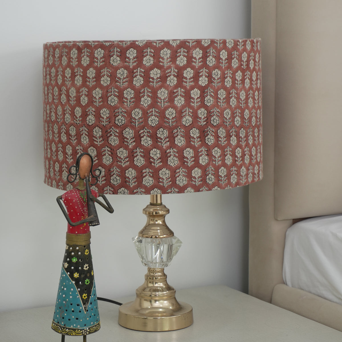 Block Print Drum Lampshade on Heavy Linen - Rust Tulsi Buti