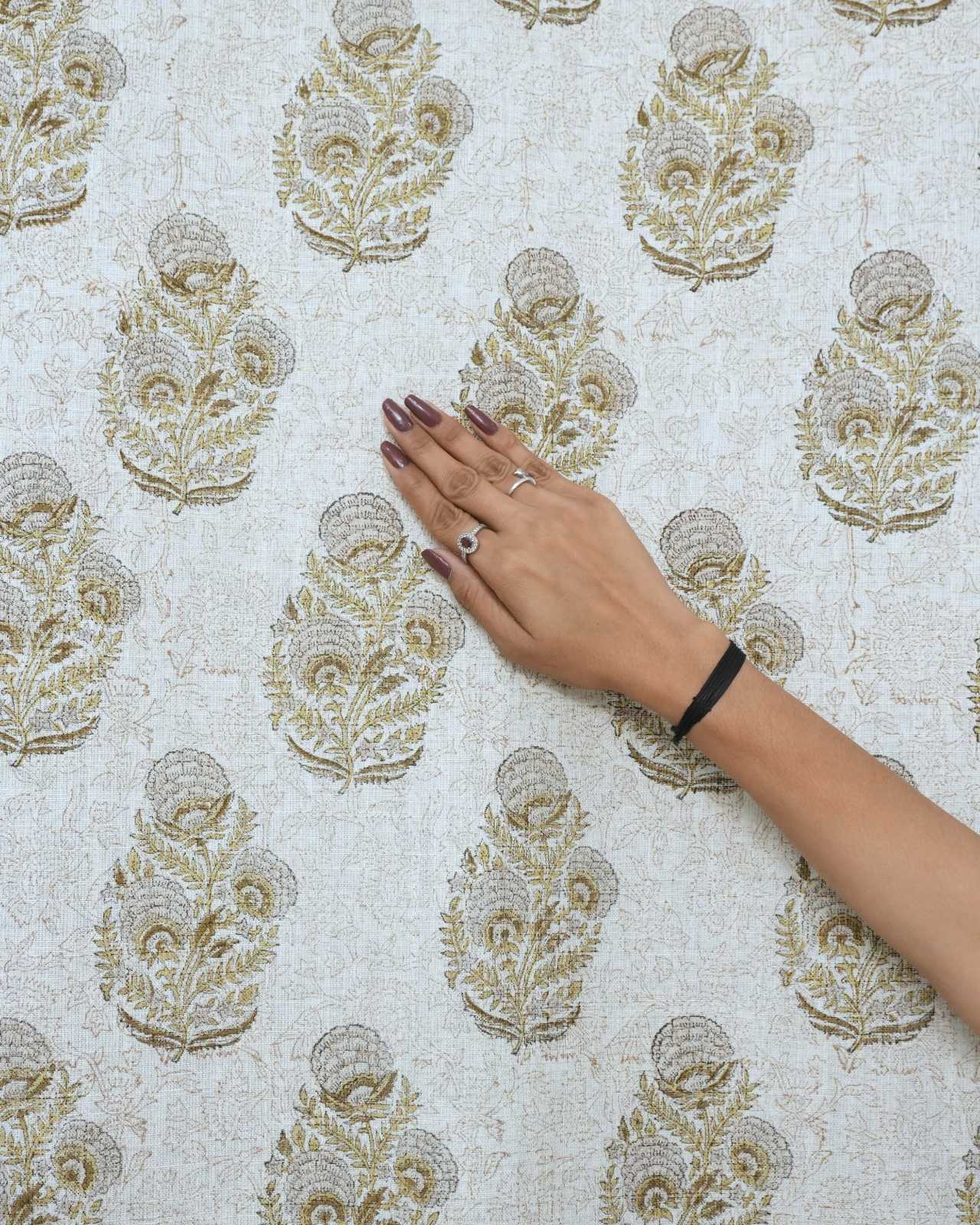 Wooden Block Gray Floral Linen Bedroom Drapery - Mohini