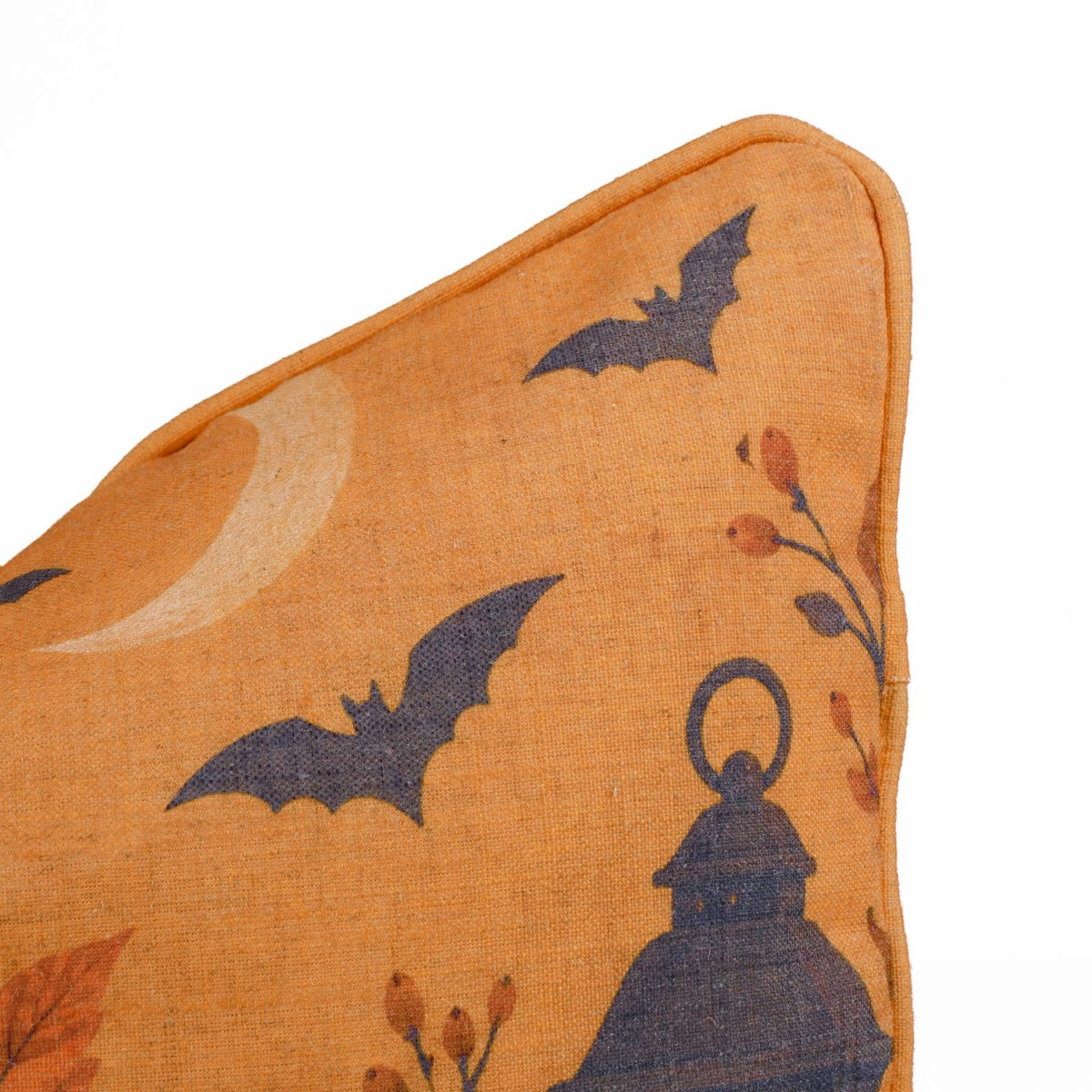 Haunted Cat Printed Orange Linen Piping Lumbar Pillow Cover