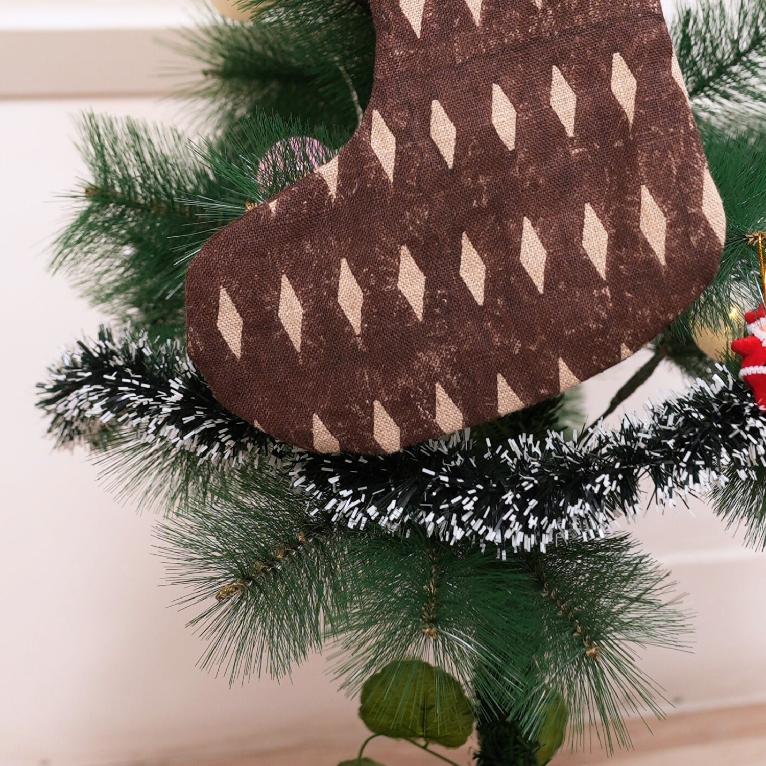 Hand Block Printed Chocolate Brown Omji Gift Stocking on Thick Linen with Pom Pom Elegant Holiday & Christmas Décor