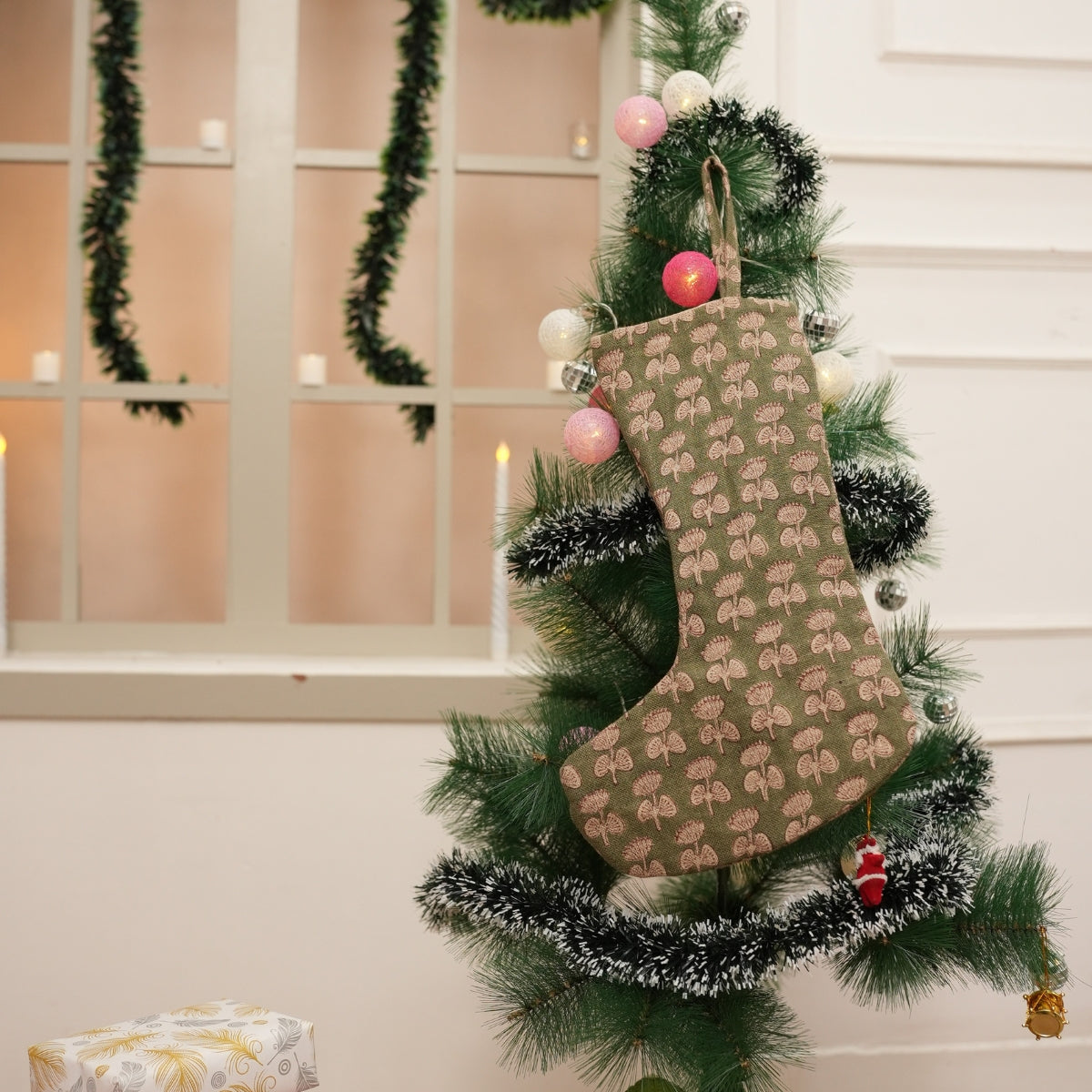 Handcrafted Damaru Sage Green With Pom Pom Floral Thick Linen Block Printed Christmas Stockings 
