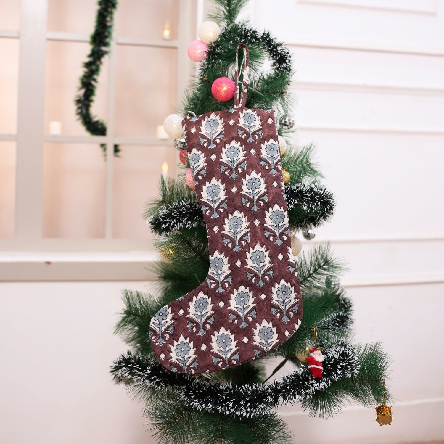 Viscose Linen Block Printed Brown Christmas Stockings Kusum Floral Design Handcrafted Holiday Decor with Elegant Traditional Detailing With Pompom