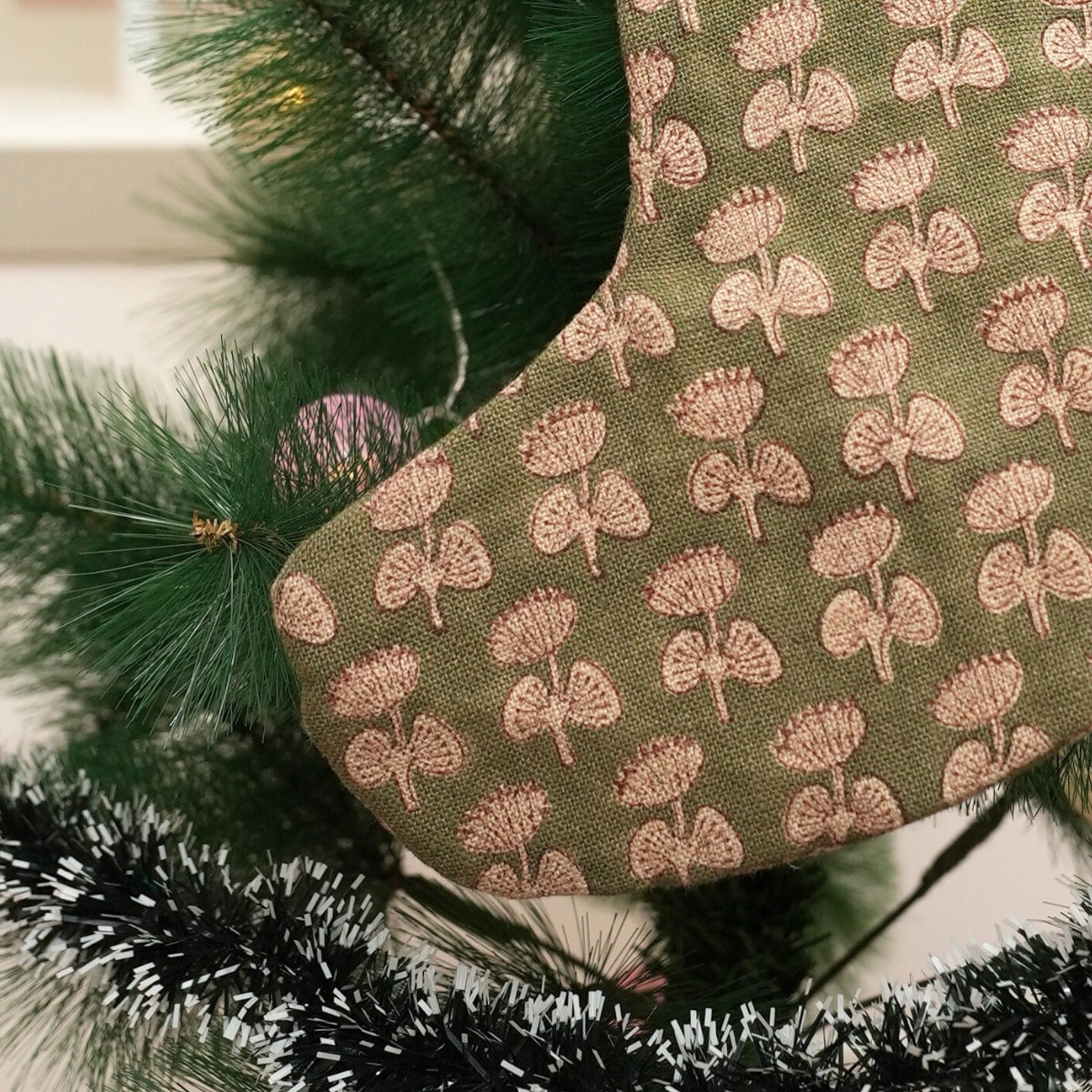 Handcrafted Damaru Sage Green With Pom Pom Floral Thick Linen Block Printed Christmas Stockings 