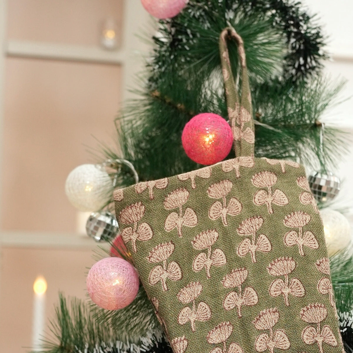 Handcrafted Damaru Sage Green With Pom Pom Floral Thick Linen Block Printed Christmas Stockings 