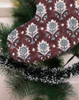 Viscose Linen Block Printed Brown Christmas Stockings Kusum Floral Design Handcrafted Holiday Decor with Elegant Traditional Detailing With Pompom