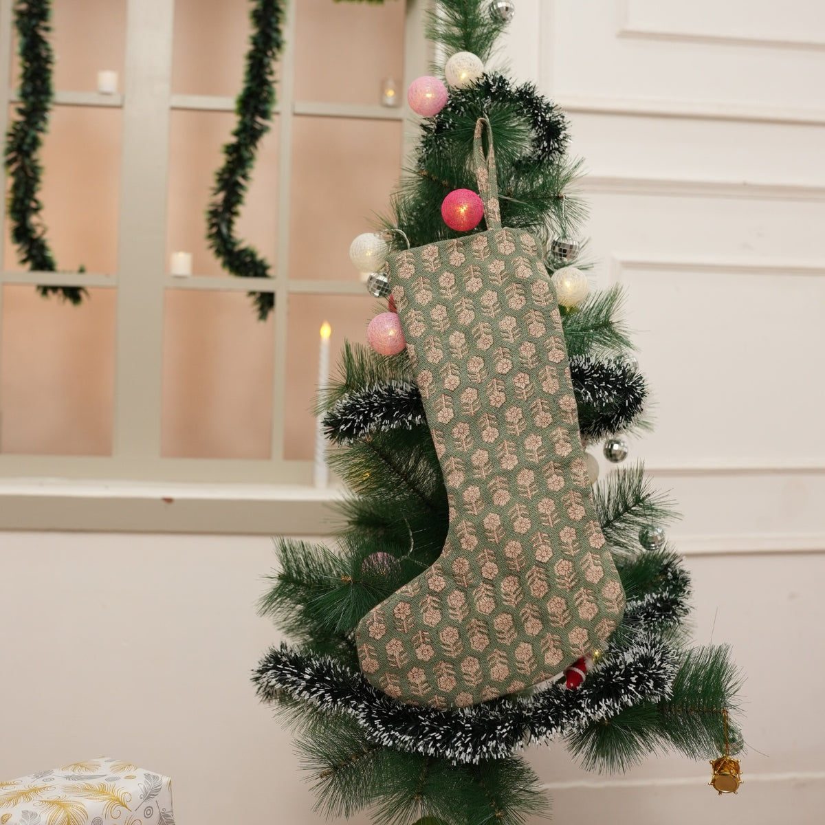 Handmade Olive Green & Beige Floral Tulsi Buti Christmas Stockings on Thick Linen with Pompom Elegant Festive Holiday Decor