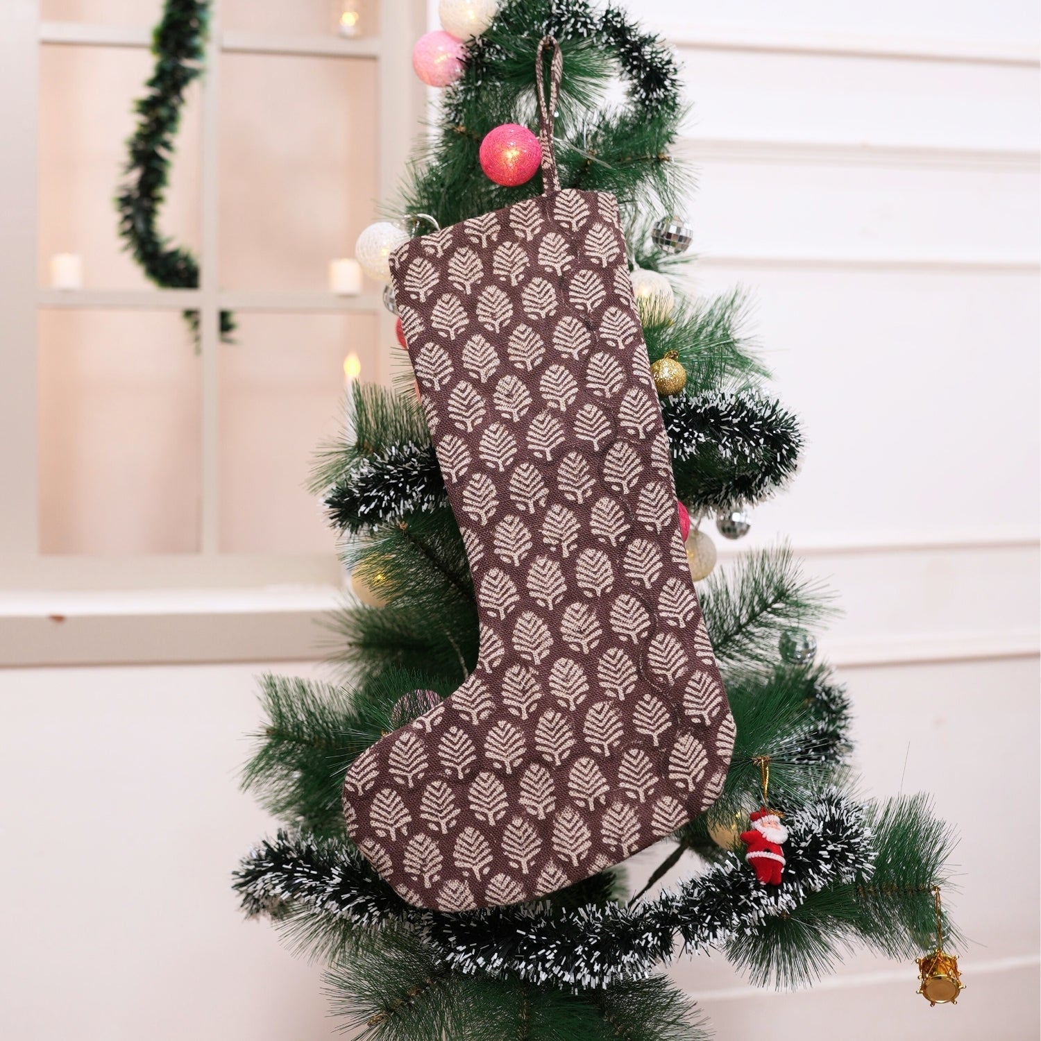 Chocolate Brown Floral Boho Style Sangmarmar Block Printed Christmas Stockings on Thick Linen with Pompom Elegant Festive Holiday Decor
