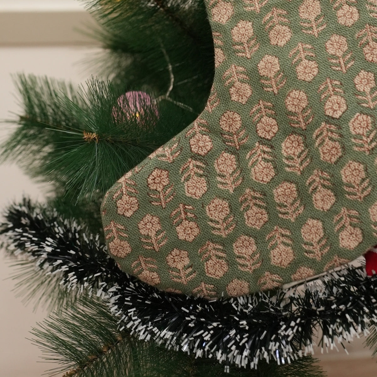 Handmade Olive Green & Beige Floral Tulsi Buti Christmas Stockings on Thick Linen with Pompom Elegant Festive Holiday Decor