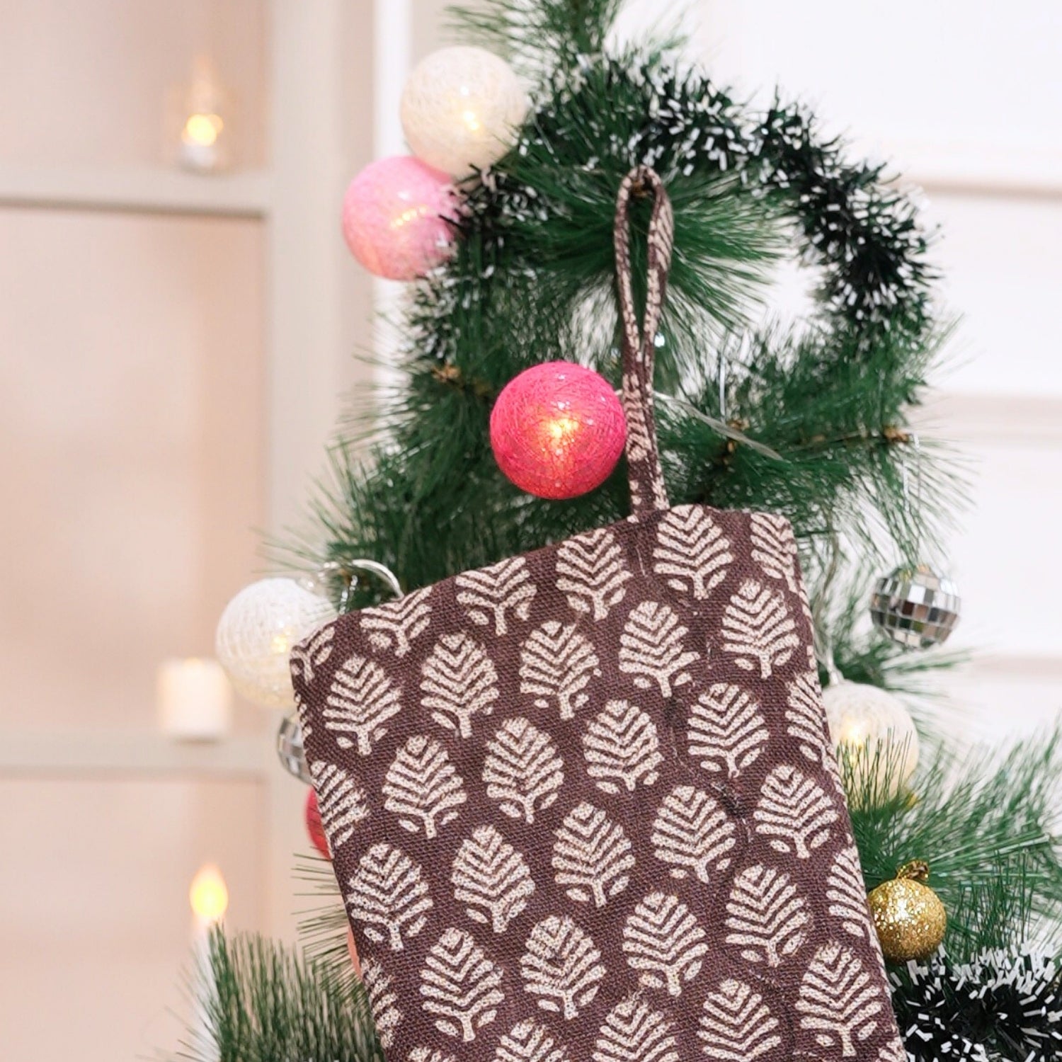 Chocolate Brown Floral Boho Style Sangmarmar Block Printed Christmas Stockings on Thick Linen with Pompom Elegant Festive Holiday Decor
