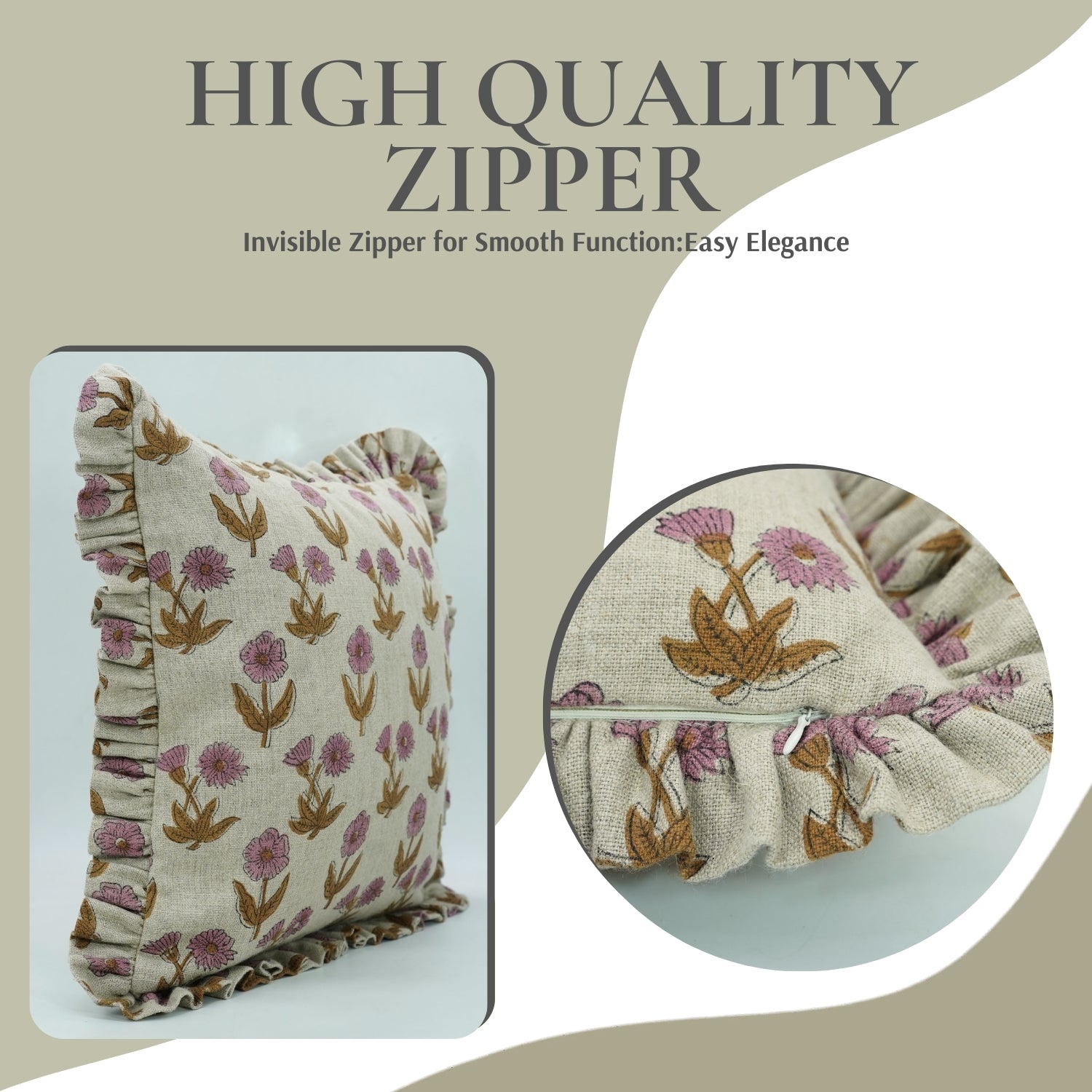 Block Printed Floral Thick Linen Frill Pillow Cover - Kirti - Pink&amp;mustard