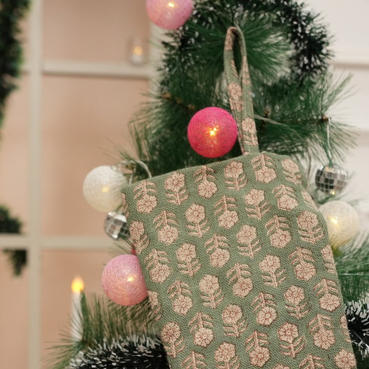 Handmade Olive Green & Beige Floral Tulsi Buti Christmas Stockings on Thick Linen with Pompom Elegant Festive Holiday Decor