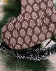 Chocolate Brown Floral Boho Style Sangmarmar Block Printed Christmas Stockings on Thick Linen with Pompom Elegant Festive Holiday Decor