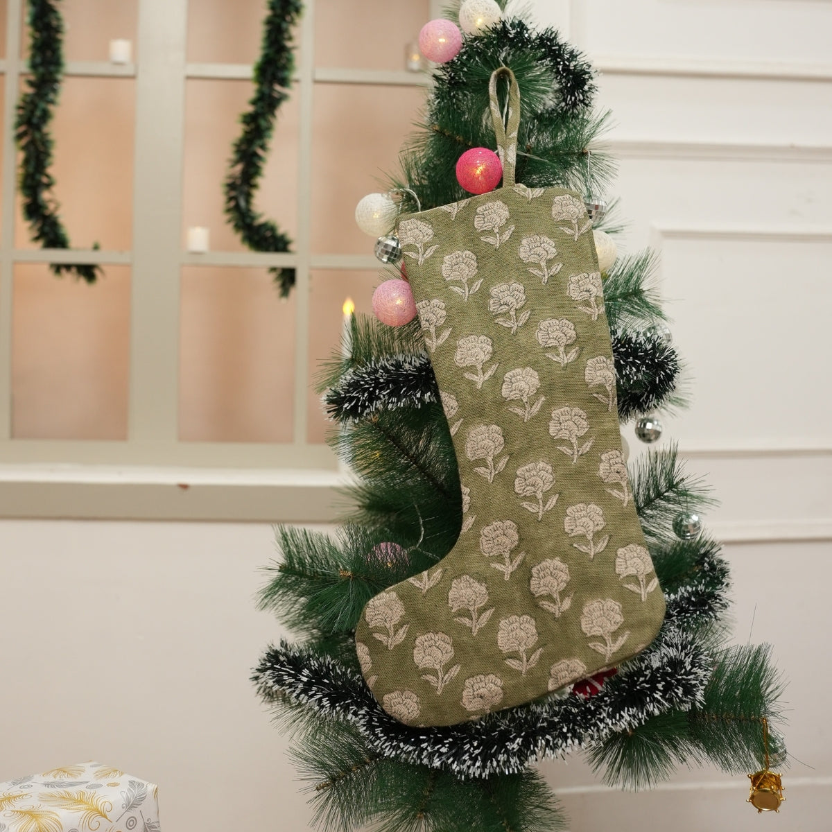 Handcrafted Rohini Green & Beige Floral Block Printed Christmas Stockings on Thick Linen with Pompom Elegant Seasonal Holiday Decor