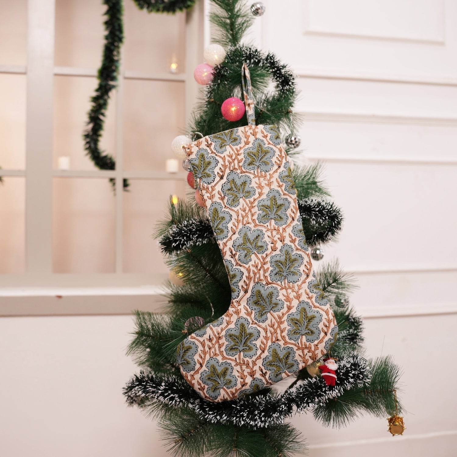 Indian Block Printed Brown, Green & Bluish Floral Pure Linen Pushp Samhita Christmas Stockings with Pompom Perfect for Living Room & Festive Decor