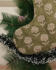Handcrafted Rohini Green & Beige Floral Block Printed Christmas Stockings on Thick Linen with Pompom Elegant Seasonal Holiday Decor