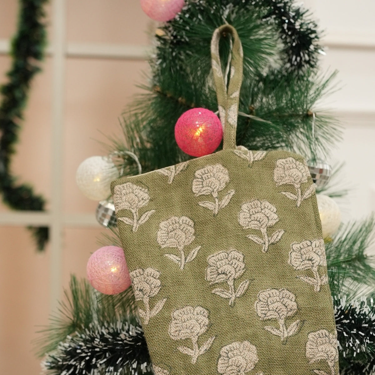 Handcrafted Rohini Green & Beige Floral Block Printed Christmas Stockings on Thick Linen with Pompom Elegant Seasonal Holiday Decor
