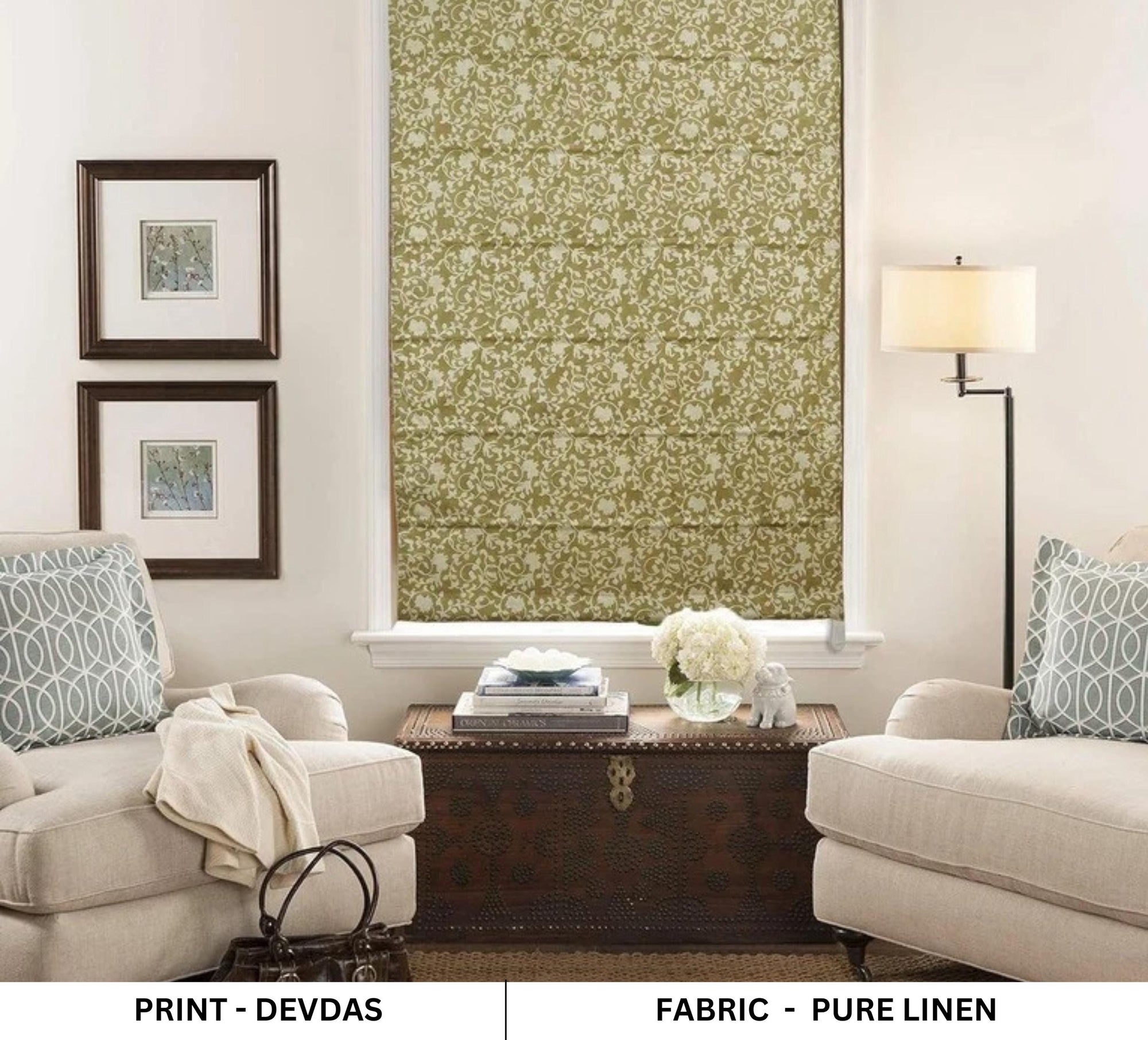 Decorative roman shades in linen with a subtle floral block print. A minimalist approach to traditional design, providing filtered light and timeless appeal.