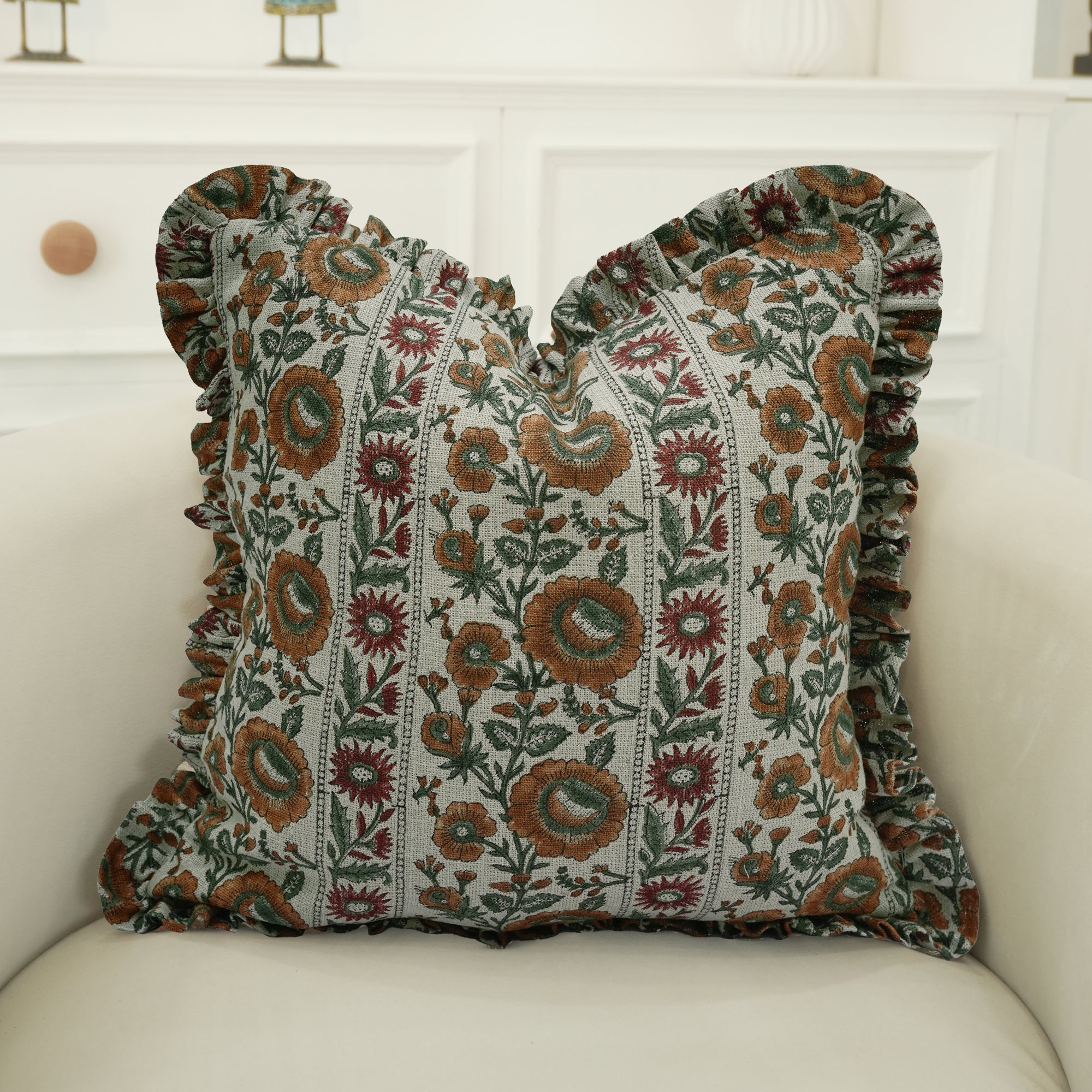 Sunflower Block Printed Linen Frill Cushion Cover - Rust Floral